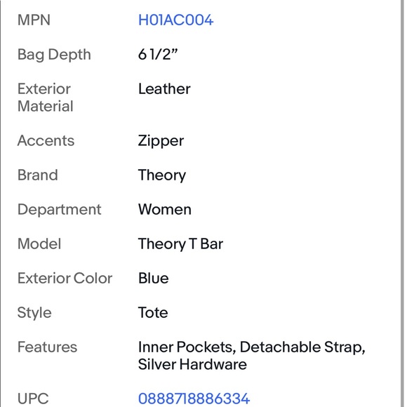 NWT Theory T Bar Bag ~ Summer Blue ~ Linden Leather H01AC004 $695 zip closure - Picture 9 of 9